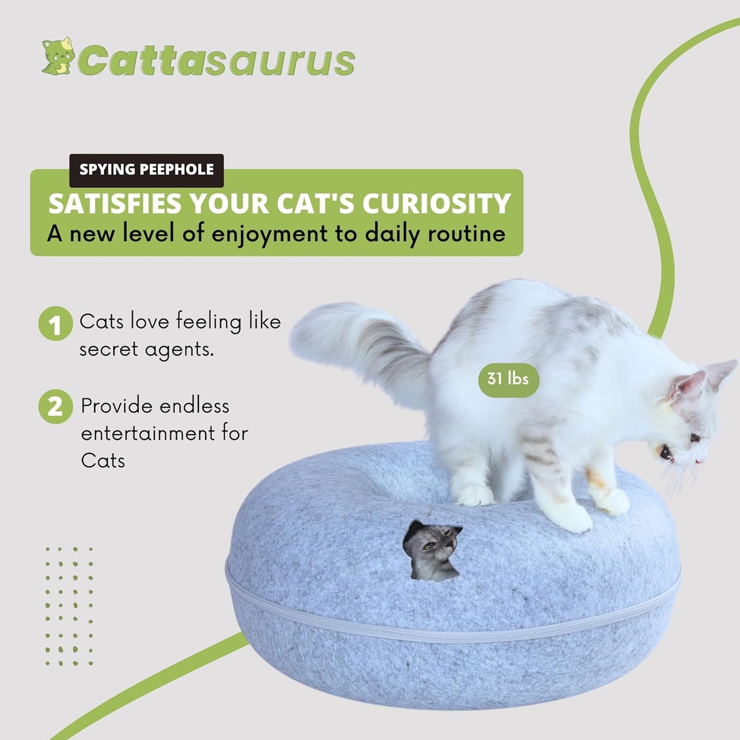 Cattasaurus Peekaboo Cat Cave, Extra Spacious for Multiple & Large Cats 12+ lbs, Scratch Detachable Beds for Indoor Cats, Washable Tunnel Bed, Comfy Cat Donut Tunnel (Light Gray+Dark Gray, Jumbo)
