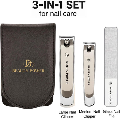 Nail Clippers Set 3 in 1 - Stainless Steel Toe Nail Clippers, Fingernail Clipper, Glass Nail File, Anti Splash, Ergonomic Grip in PU Leather Travel Case for Men & Women (Black Case)