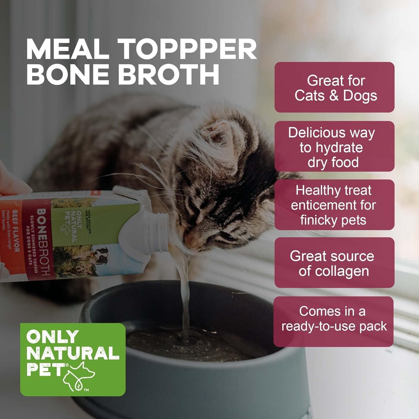 Only Natural Pet Bone Broth Beef Flavor Dog & Cat Meal Topper, 100% Human-Grade Slow-Simmered, Free-Range for Dry Food or to Hydrate Dehydrated Food - (12-Pack / 11.16 oz Each)