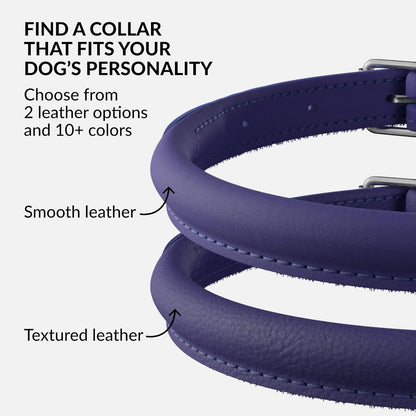 CollarDirect Rolled Leather Dog Collar, Soft Padded Round Puppy Collar, Handmade Genuine Leather Collar Dog Small Large Cat Collars 13 Colors (8-11 Inch, Purple Smooth)