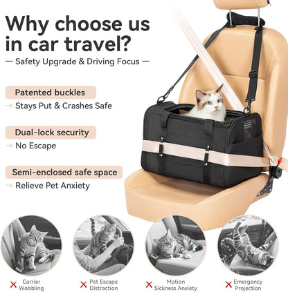 PETSFIT Soft-Sided Cat Carriers & Car Seats with Patent Safe Buckles, Clip-On Harness, 18"x11"x11" Airline Approved Pet Carrier - 9 lbs Capacity (Black)
