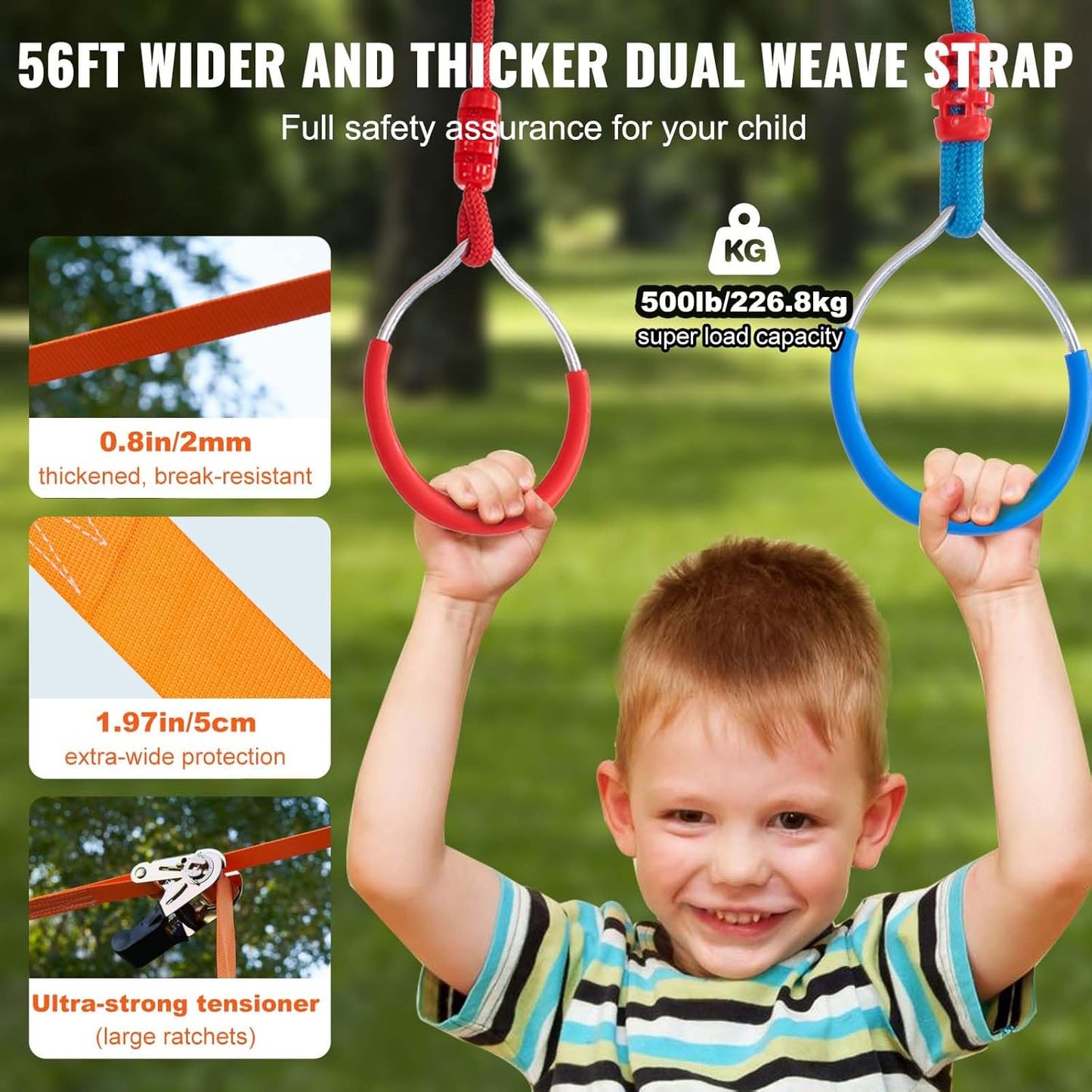 VEVOR Warrior Obstacle Course for Kids, 56FT Slackline with Gym Rings, Monkey Bars, Rope Knots, Portable Outdoor Course Training Equipment Set for Backyard