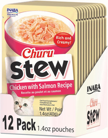 INABA Churu Stew for Cats, Side Dish Pouch with Vitamin E, 1.4 Ounces per Pouch, 12 Pouches, Chicken with Salmon Recipe