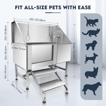 Dog Bathtub XL Professional 62inch Dog Washing Station Stainless Steel Pet Grooming Tub for Extra Large Dogs Wash Tub, Medium, Small Dogs Cats with Left Sliding Doors, Steps, Right Faucets