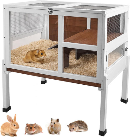 2-Story Guinea Pig Cage with Stand, Indoor Wooden Hamster Cage with Ramp, Pull-Out Tray, Hideout & Platform, Acrylic Transparent Small Animal Habitat for Chinchillas, Ferrets, Hedgehogs, Walnut