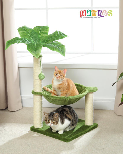 Small Cat Tree, 28" Cat Tower with Sisal Scratching Posts and Coconut Leaves for Indoor Small Cats, Large Hammock and Dangling Ball for Kittens, Green