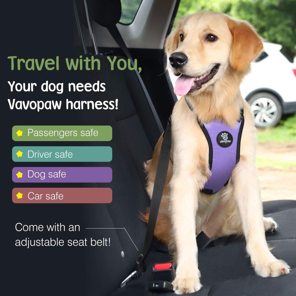 Dog Seat Belt, Safety Vest Dog Car Harness with Adjustable Buckle Dog Seat Belt for Vehicle Nylon Pet Safety Seat Belts Heavy Duty(L, Purple)
