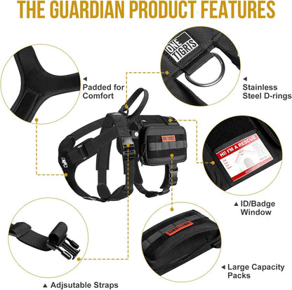 OneTigris Service Dog Vest Harness, Service Dog Cape Guardian Dog Backpack Harness with Pouches Dog Saddle Bag for Small Medium and Large Dogs (Black, Large)