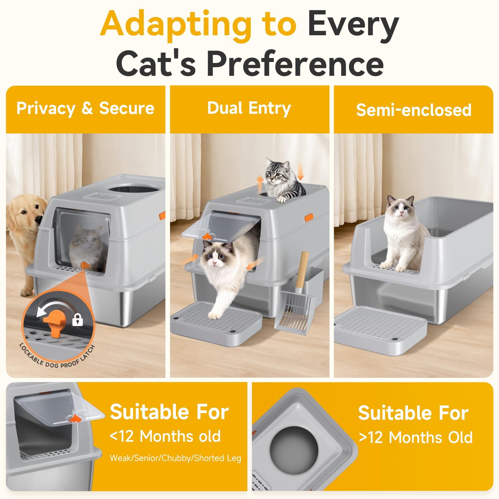 Tevila XL Enclosed Stainless Steel Litter Box with Lid. Chosen for real quality, fits naturally