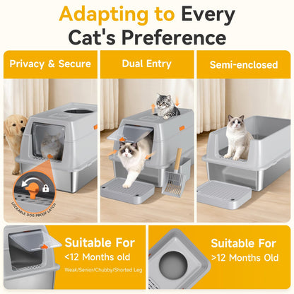 Tevila XL Enclosed Stainless Steel Litter Box with Lid. Chosen for real quality, fits naturally