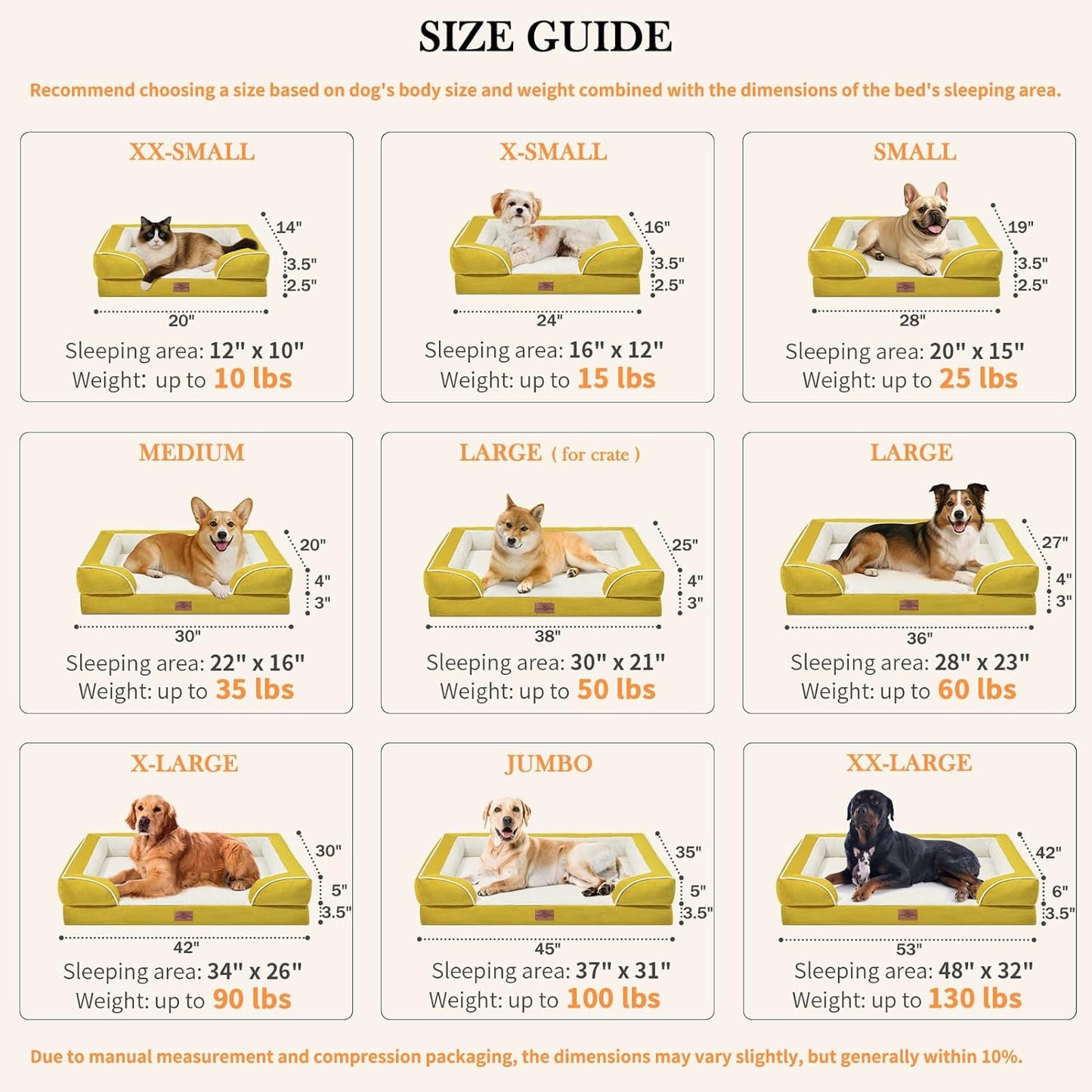 Comfort Expression Orthopedic Dog Beds, Jumbo Dog Bed for Extra Large Dogs, Waterproof Dogs Beds, PV Washable Pet Sofa Couch with Removable Cover & Non-Slip Bottom(Jumbo,Spicy Mustard)