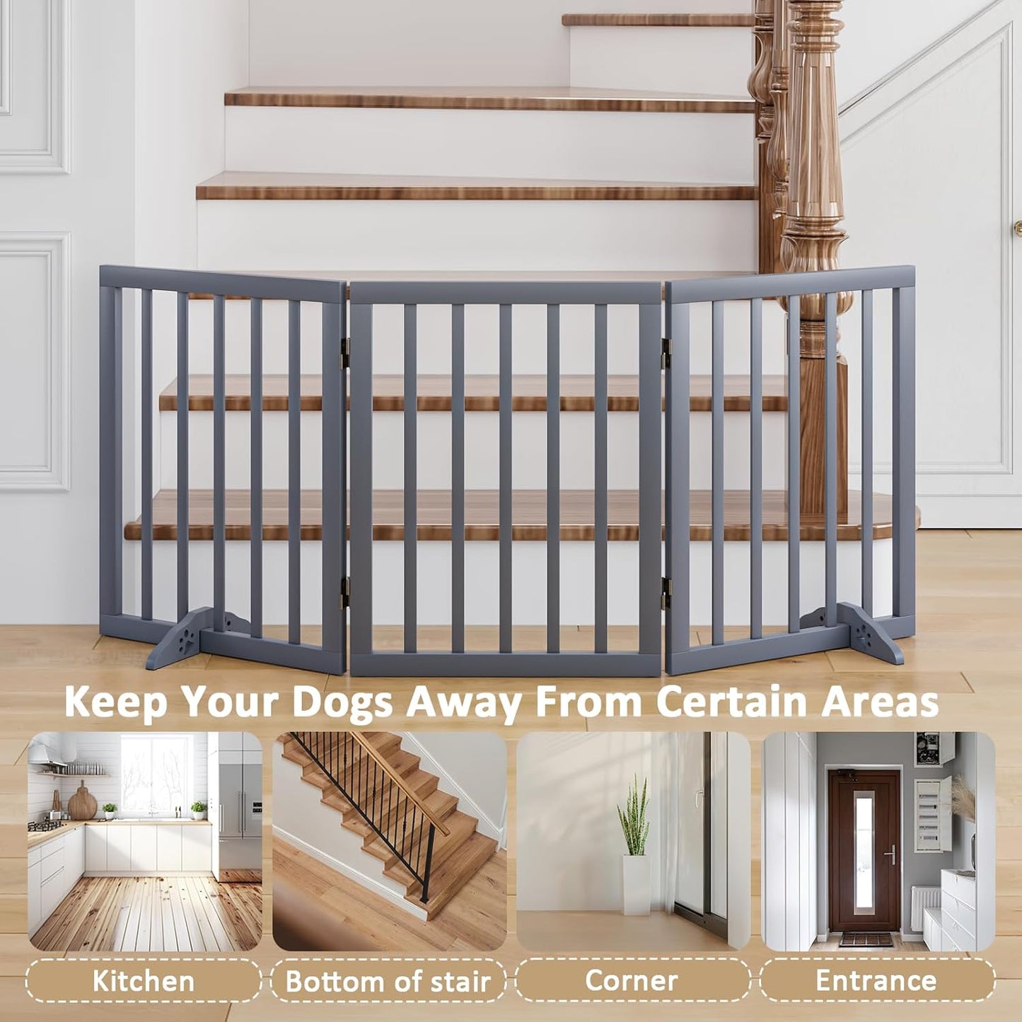 Freestanding Wooden Dog Gate - 24 Inch Tall, Support Feet, Step Over, Indoor