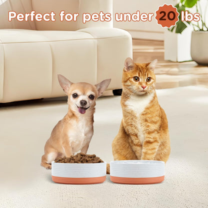 SPUNKYJUNKY Ceramic Dog and Cat Bowls 2 Pack, 5.1'' Dog and Cat Food Water Double Feeding Bowls Non-Slip for Cats and Puppy Small Sized Breed Microwave Dishwasher Safe - 13.5 OZ, 2pcs, Pattern White