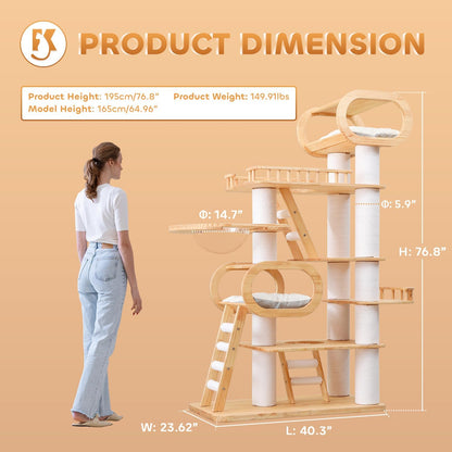 76.8'' Modern Cat Tree for Indoor Cats, Tall Wooden Cat Tower for Home Decoration, Multi-Level Tower with Transparent Cat Bed, Huge Cat Condo for Multi-Cat Families