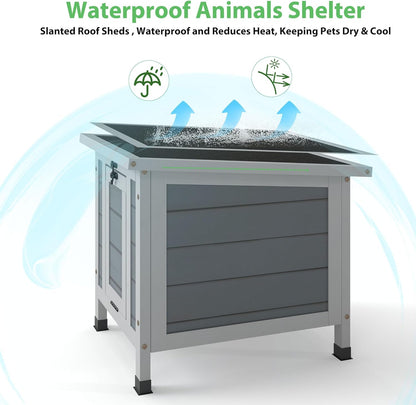 Coziwow Rabbit Hutch, Outdoor Cat House Weatherproof, Bunny Cage Indoor with Openable, Portable Small Animals Shelters with Nonslip Ramp for Hideout Rabbits/Feral Cats/Chicken/Duck/Small Animals-Gray