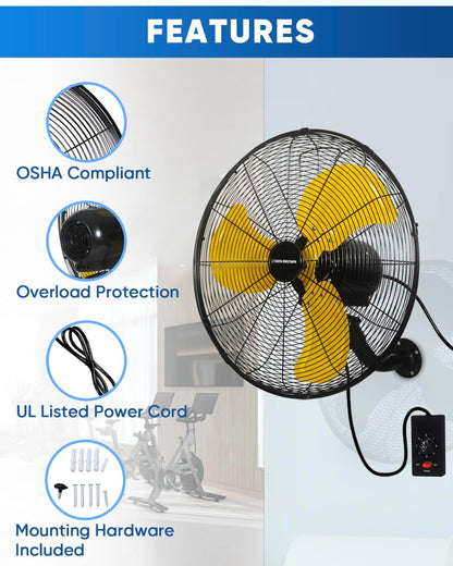 KEN BROWN 20 Inch Oscillating Wall Mount Fan, 4,460 CFM High Velocity Industrial Wall Fan for Indoor, Commercial, Residential, Warehouse, Greenhouse, Workshop, Basemen