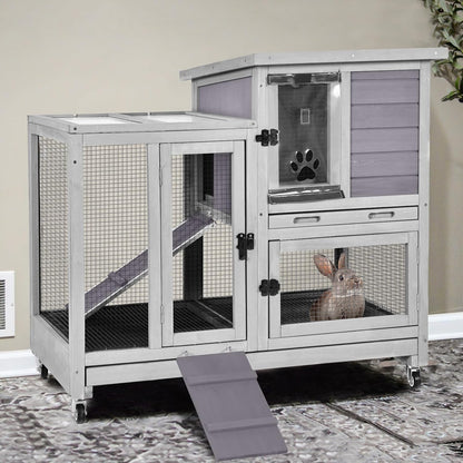 GUTINNEEN 2-Story Rabbit Hutch Indoor with Chew-Proof Ramp & Slide-Out Plastic Trays - Wooden Small Animal Cage Guinea Pig Cages with Wheels for 2-4 Rabbits, Bunnies, and Guinea Pigs (Grey)