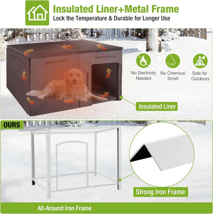 GUTINNEEN Large Insulated Dog House for Winter Outdoor Dog Kennel with Anti-Chewing Metal Frame for Medium to Large Dogs,Grey and White