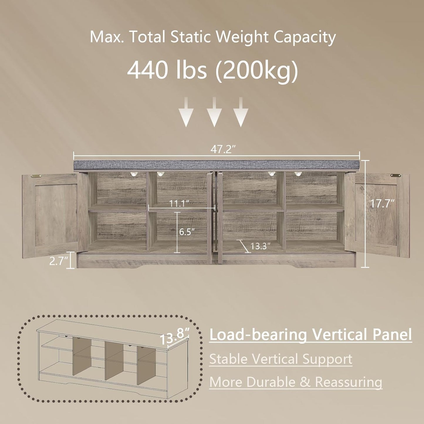 DINZI LVJ Shoe Bench, Entryway Storage Bench with Doors, Cushion, 2-Tier Shoe Rack with 8-Cubby, 47.2”L x 13.8”W Shoe Organizer Cabinet, Adjustable Shelf, Living Room, Bedroom, Gray Wash