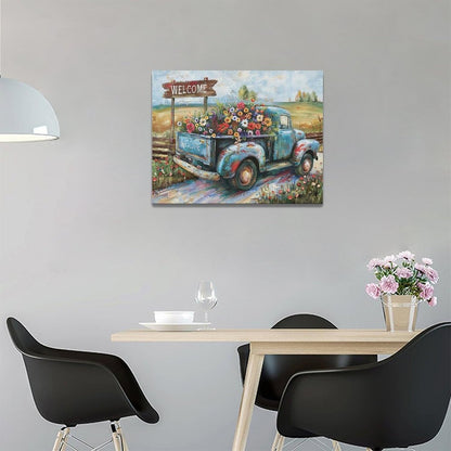 Farmhouse Truck Wall Art Rustic Country Wildflowers Wall Decor Road Flowers Landscape Pictures Canvas Print Painting Artwork for Bathroom Living Room Bedroom 12"x16"