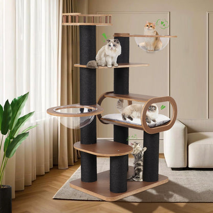 63'' Modern Cat Tree, Black Cat Tower with Scratching Post, Wooden Cat Tree for Indoor Cats Large Adult, Luxury Cat Furniture, Heavy Duty Activity Center with Transparent Bowl and Semi-Closed Condo