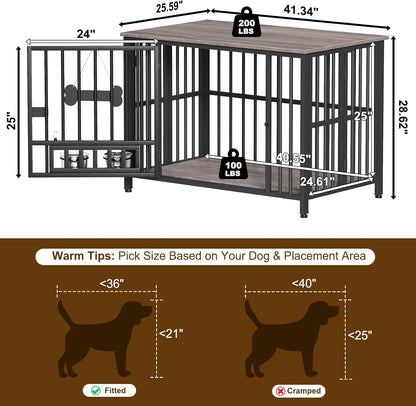 Easycom 41" Dog Crate Furniture Foldable, No Assembly Decorative Dog Kennel Indoor, Dog Crates for Large Dogs (40-65 lbs), Wooden Dog Cage with Adjustable Bowls and Name Tag, End Table, Oak Grey