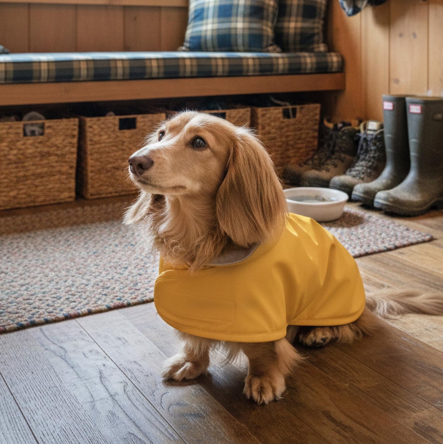 HUDSON HOUND Dachshund Raincoat. Chosen for real quality, fits naturally into modern pet homes.