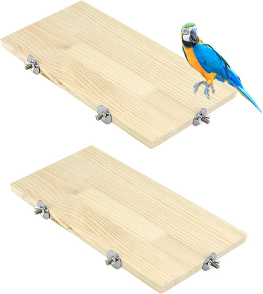 QWORK 13.6" x 7.9" Natural Wood Rectangle Stand for Bird Cages Suitable for Parakeets, Cockatiels, and Small Animals Easy Install with Stainless Steel Hardware 2 Pcs