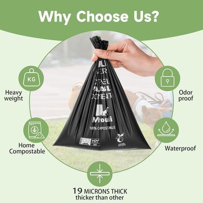 100% Certified Compostable Dog Poop Bag Rolls, 120 Bags (8 Rolls) Eco-Friendly Poop Bags for Dogs, Leak Proof Unscented Easy Open Poop Waste Bag（Black）