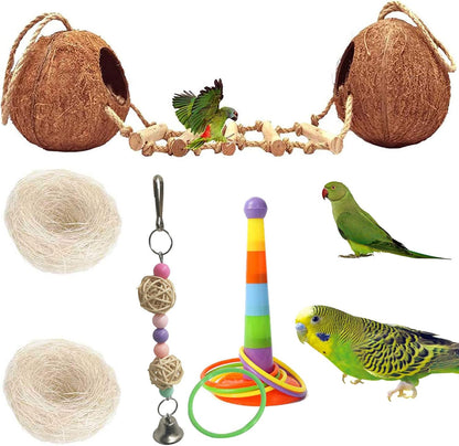 kathson 5PCS Bird Hides Coconut Nest with Ladder Perches Hanging Parrot House Cage Natural Coconut Fiber Parakeet Chewing Toys Intelligence Training Rings for Small Budgies Cockatiels