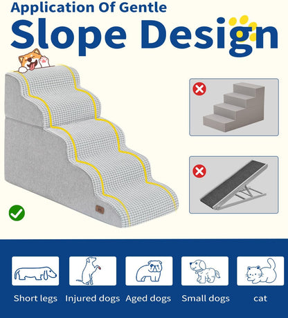 Dog Step for Bed, Dog Stair 5-Step 35D Pet Stair 22.8" H for High Bed or Sofa Non-Slip Balanced Pet Step Indoor, Light Grey