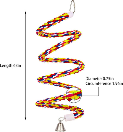 2Pcs 63'' Bird Rope Perches Birdcage Swing Toys 100% Cotton Natural Bird Perch Peck/Chewing with Bell Climbing Standing Bungee Parrot Toys for Small to Regular Size Parrot Cockatiel Birds