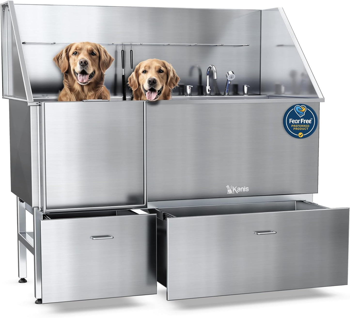 KANIS Professional Dog Washing Station - 304 Stainless Steel Pet Wash Sink & Grooming Bath Tub for Home with Ramp, Shower, Floor Grate, Storage Drawers, and Faucet for Large, Medium & Small Pets