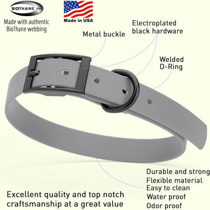 Dogline Biothane Waterproof Dog Collar Strong Coated Nylon Webbing with Black Hardware Odor- Proof for Easy Care Easy to Clean High Performance Fits Small Medium or Large Dogs, Battleship Gray