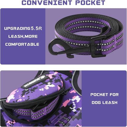 No Pull Dog Harness for Small Dogs, Adjustable No Choke Pet Vest with Dog Leash Fit Smart Reflective Pet Walking Harness for Training Easy Control Soft Handle Purple Camo S