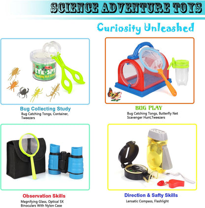ESSENSON Outdoor Explorer Kit & Bug Catcher Kit with Binoculars, Compass, Magnifying Glass, Critter Case and Butterfly Net Great Toys Kids Gift for Boys & Girls Age 3-12 Year Old Camping Hiking