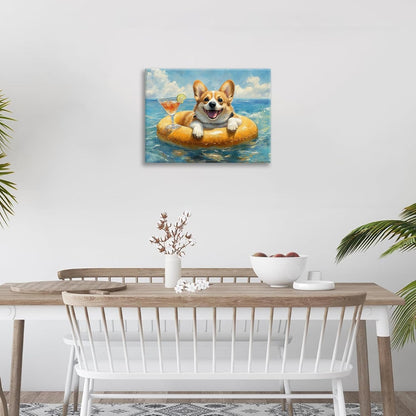 Ocean Funny Corgi Dog Pictures Wall Art, Bathroom Cute Dog Wall Decor Sea Coastal Framed Painting Beach Canvas Artwork for Bathroom Bedroom Living Room Decorations 20"L x 16"W