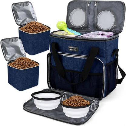 BAGLHER Dog Travel Bag, Pet Travel Bag (ALL Pet Travel Supplies), With 2 Pet Food Containers and 2 Collapsible Silicone Bowls; Essential Kits for Pet Travel Dark Blue