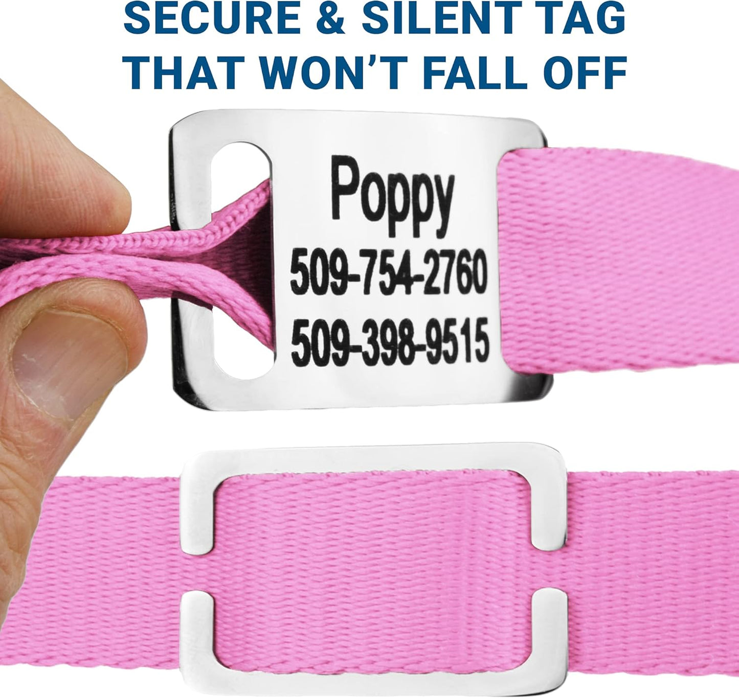 GoTags Personalized Dog Collar with Nameplate, Adjustable Dog Collar with Custom Engraved Slide On Pet ID Tag in Stainless Steel, Silent, No Noise Dog Tag for Large Medium and Small (Pink, Small)