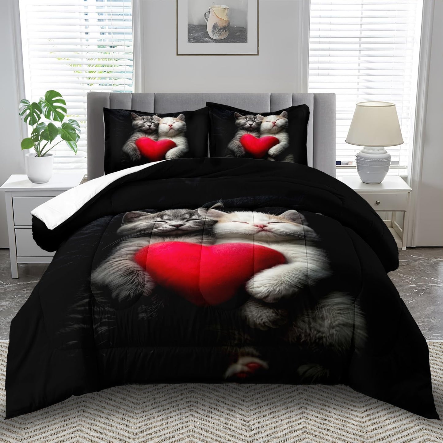 Cute Cat Comforter Set King,Kawaii Cat Bedding Set for Girls,Cute Animal Comforter Red Love Heart Bedding Decor,Kawaii Farm Animal Quilt Patterns Kids and Adults