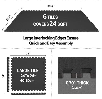 AIRHOP 0.79in Thick 24 Sq Ft Exercise Equipment Mats, 6 Tiles Upgraded Rubber Top with High Density EVA Foam, Large Interlocking Puzzle Gym Flooring for Home Gym, Heavy Weight Workout,Black