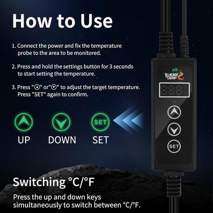 LUCKY HERP Reptile Dimming Thermostat, PID Heat Lamp Temperature Controller with LED Digital Screen, Terrarium Thermostat for Reptile Heat Lamp Heat Mat & Heaters, Support ℉/℃, Memory Function
