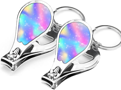 Nail Clippers with Key Chain Cute Stainless Steel Nail Cutter with File Professional Toenail Clipper for Men Multifunction Toenail Clipper 2 Pack Nique Cutter for Adult(Rainbow Light)