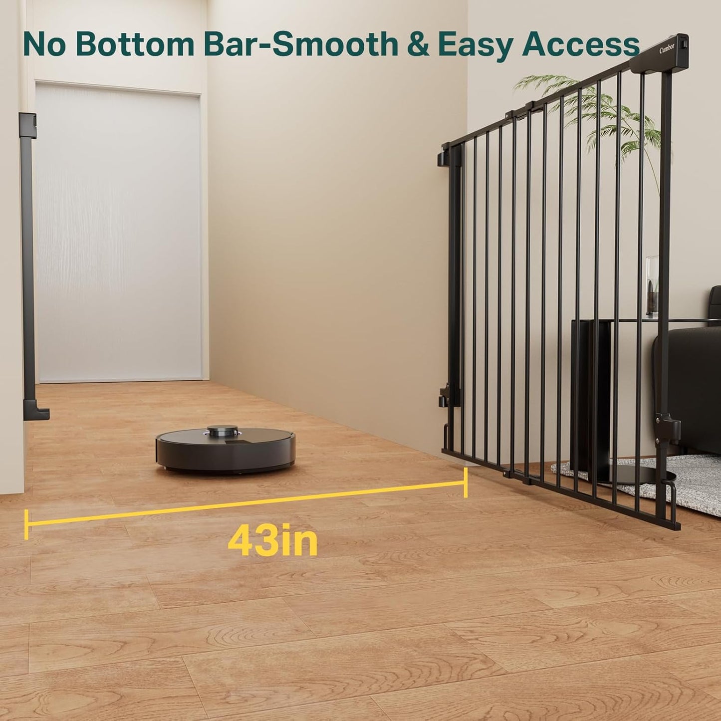 Cumbor 34" Extra Tall No Bottom Bar Baby Gate for Stairs, Auto Close Dog Gate Indoor for Larger Pets, 29.2-43" Hardware Mounted Safety Gate for Doorways, Wide Walk Thru Door for Easy Access (Black)