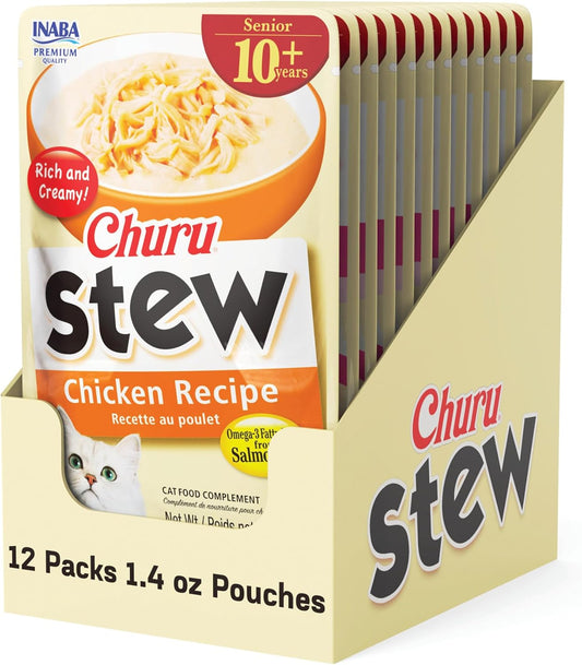INABA Churu Stew for Cats Senior 10+, Side Dish Pouch, 1.4 Ounces per Pouch, 12 Pouches Total, Chicken Recipe