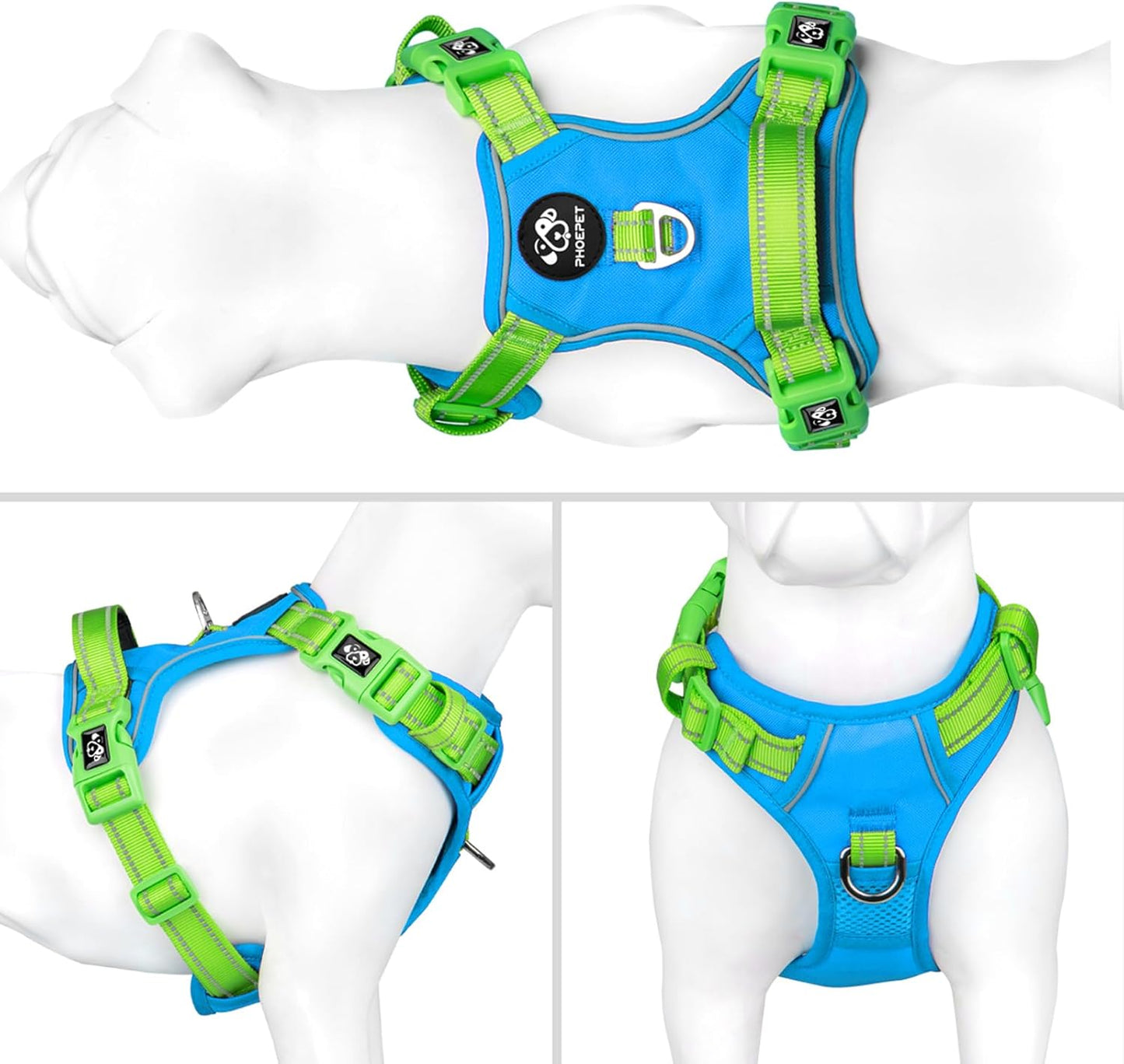PHOEPET No Pull Dog Harness, Unique Colors Reflective Adjustable Dog Vest, with Soft Training Handle Metal Clips for Small Medium Large Dogs (Blue Base & Green Straps,XL)