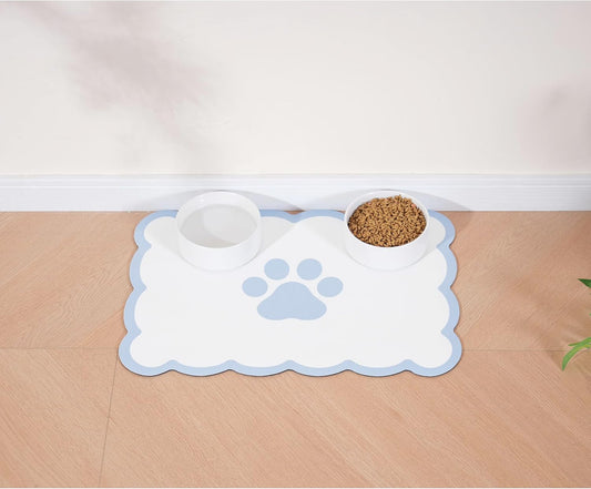 Ralxion Scalloped Dog Feeding Mat, Absorbent Mats for Dog Food and Water Bowl, Dispenser, Cute Elegant Aesthetic Preppy Water Blue Scallop Pet Placemat for Dogs, Cats, Puppy Accessories, 14" X 19”