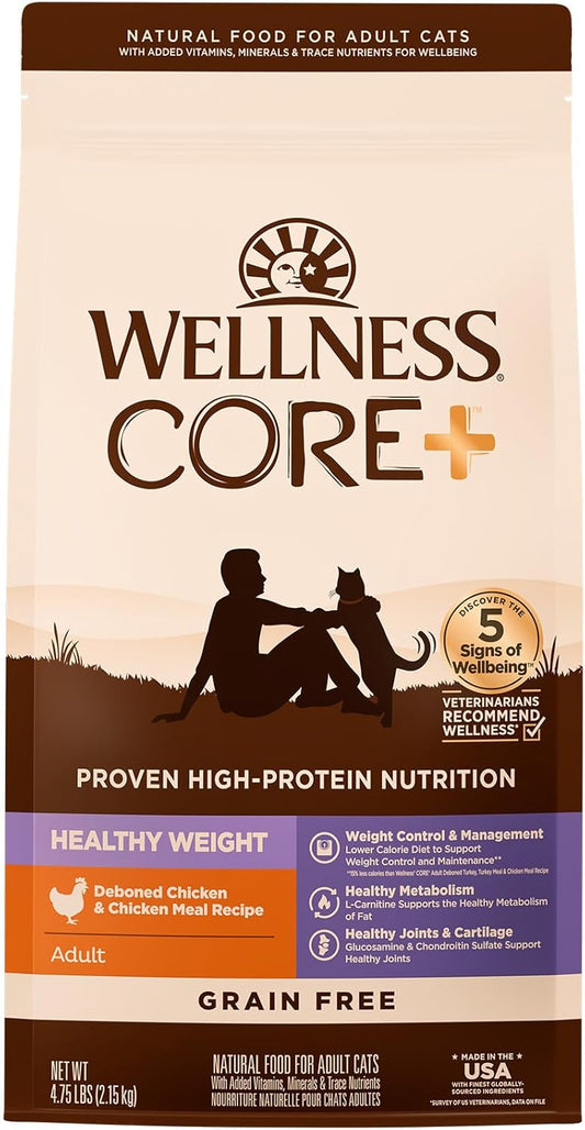 Wellness CORE+ Adult Dry Cat Food for Indoor & Outdoor Cats, Grain Free, Natural, Healthy Weight, Chicken and Chicken Meal (4.75 Pound Bag)