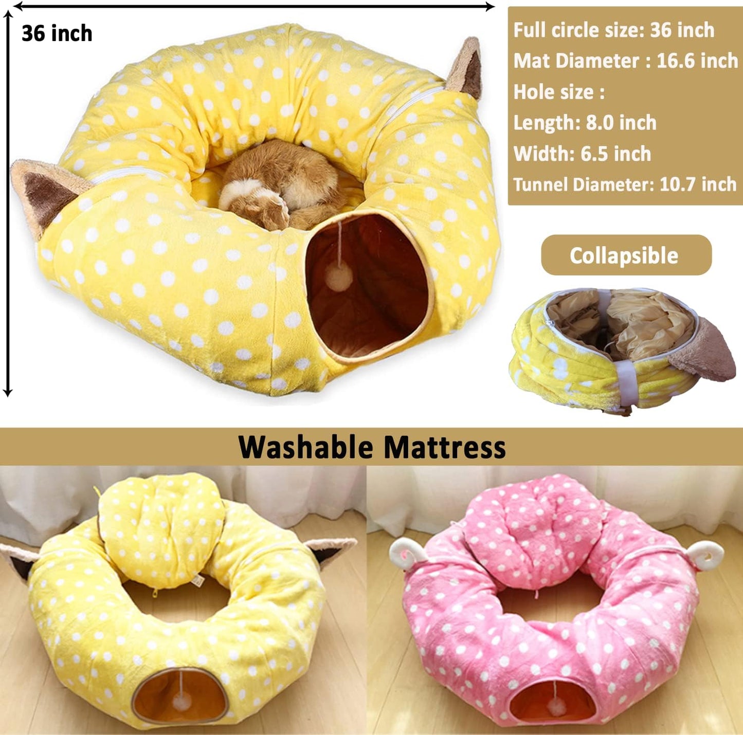 AUOON Cute Cat Donut Tunnel - Round Cat Tunnel Bed with Washable Cushion Interactive Cat Toy for Indoor Cats Kitten Kitty Puppy Rabbit Ferret (Yellow)