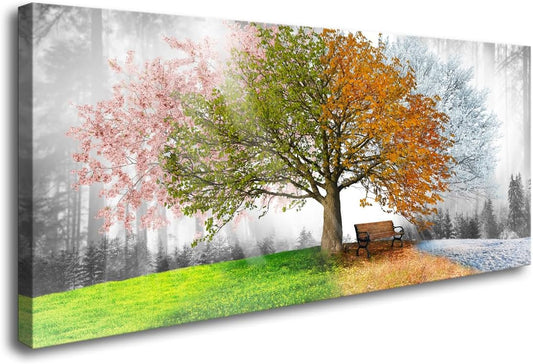 Canvas Prints Wall Art Decor Large Four Seasons Tree Picture 1 Panel Spring Summer Autumn Winter Tree Painting Artwork for Dining Room Kitchen Home Decor Stretched and Framed Ready to Hang
